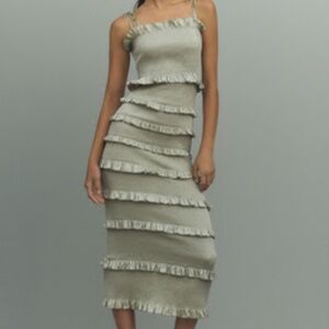 V. CHAPMAN LILY RUCHED & RUFFLED STRETCH SATIN MIDI DRESS